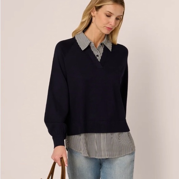 Adrianna Papell Tops - Adrianna Papell Navy and White 2-in-1 Blouse